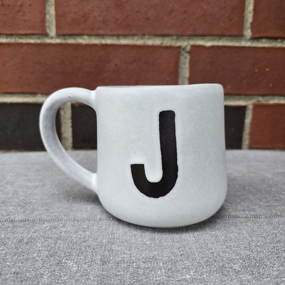 Crate & Barrel Mug Monogram J Handcrafted Artisan Stoneware Portugal Gray Black